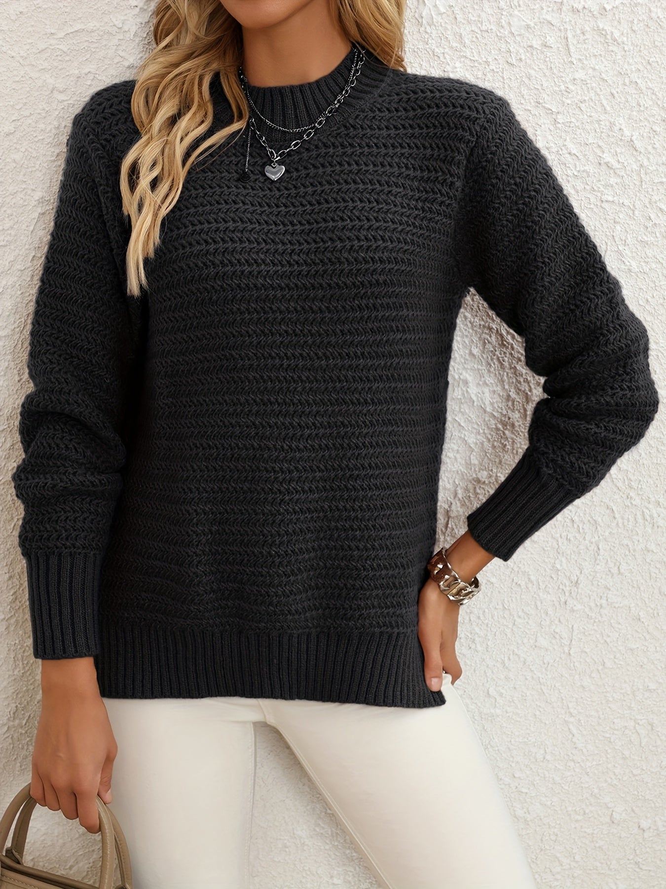 Pull Maille Femme Col Rond Avec Fentes Latérales