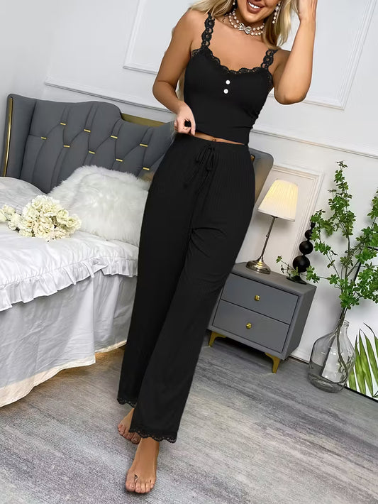 Ensemble Pyjama Été Camisole & Pantalon à Rayures avec Dentelle
