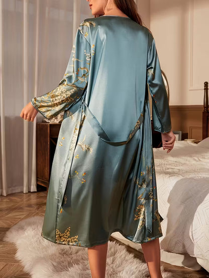 Robe de Nuit Longue Chic et Soyeuse en Satin Imprimé Floral