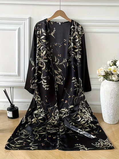 Robe de Nuit Longue Chic et Soyeuse en Satin Imprimé Floral