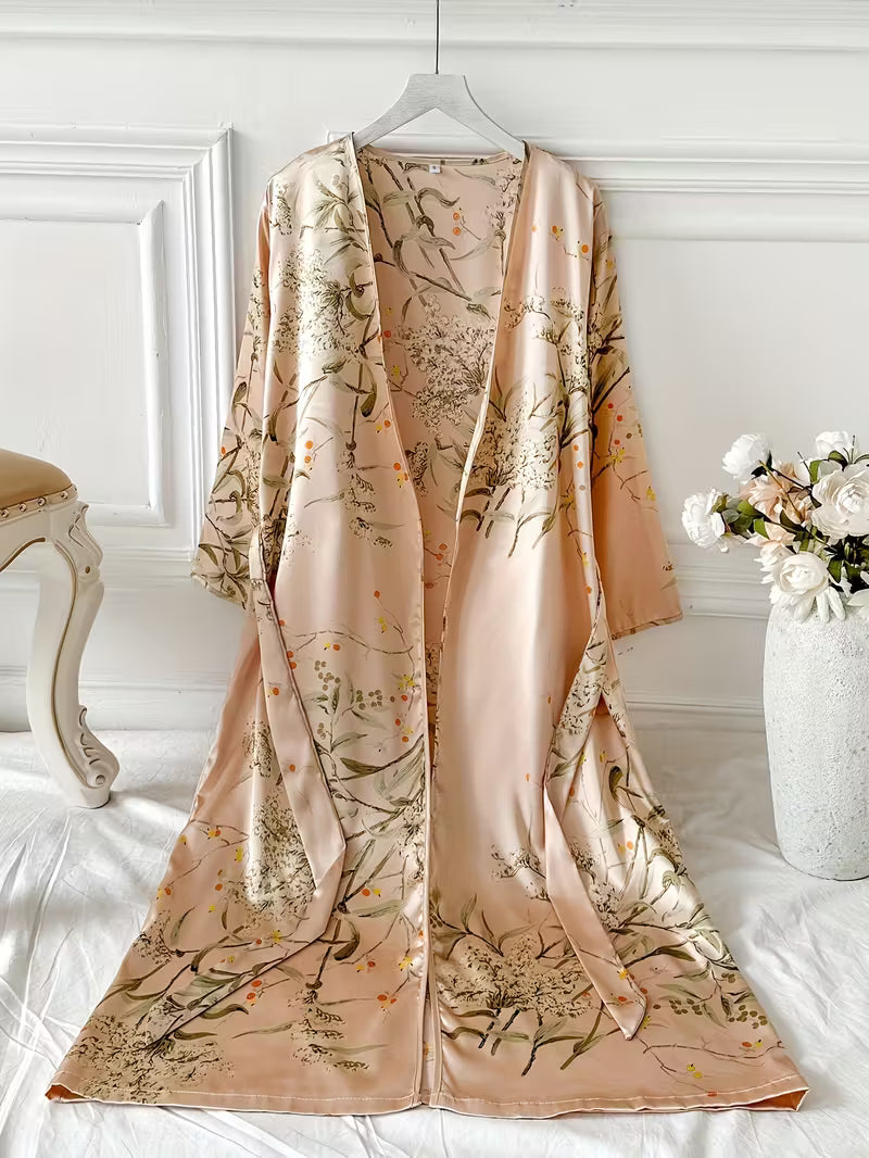 Robe de Nuit Longue Chic et Soyeuse en Satin Imprimé Floral