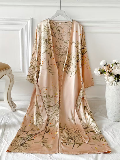 Robe de Nuit Longue Chic et Soyeuse en Satin Imprimé Floral